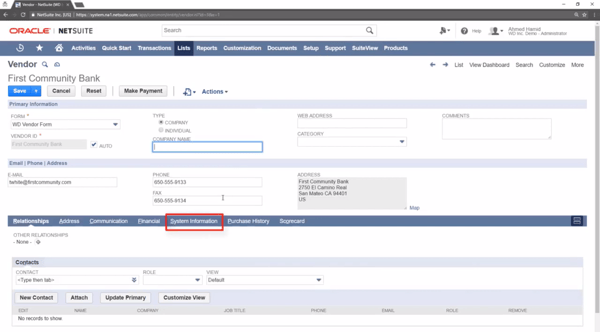 System Information Tab in NetSuite